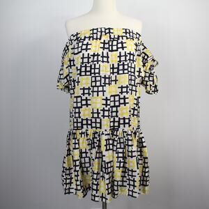 Milly Black White Yellow 100% Silk Off Shoulder Drop Waist SunDress Medium USA